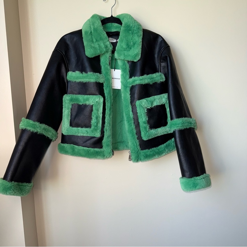 Glamorous Black Green Cropped Shearling Trim Vegan Leather Coat Size 6 - Picture 10 of 13